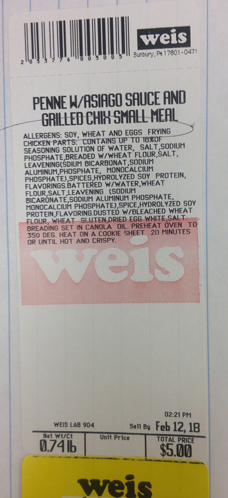 Weis Markets Issues Recall for its Pre-Made Penne Pasta with Asiago Sauce and Grilled Chicken Single Serving Meal Due to Undeclared Milk Allergen